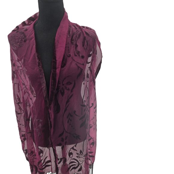 INC Burgundy Wine Sheer Velvet Floral Burnout Whimsigoth Tassel Scarf One Size - Picture 1 of 12